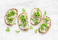 Grilled bread, soft cheese, green peas, radishes and micro greens spring sandwiches. Healthy eating, slimming, diet lifestyle conc Royalty Free Stock Photo