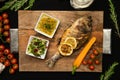 Grilled Bream fish on wooden board. Healthy food