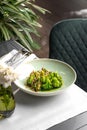 Grilled broccoli on a plate. vegetable diet, menu concept. food background.