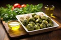 grilled brussels sprouts displayed with an olive oil glaze
