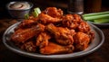 Grilled buffalo chicken wings on rustic wood plate generated by AI Royalty Free Stock Photo