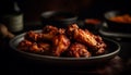 Grilled buffalo chicken wings on rustic wood plate, unhealthy snack generated by AI Royalty Free Stock Photo