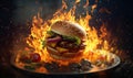grilled burger on fire appetizing juicy delicious