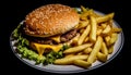 Grilled burger and fries on black plate, American fast food generated by AI