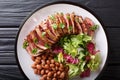 Grilled Carne Asada steak with salad and beans close-up. horizon Royalty Free Stock Photo