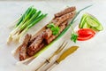 Grilled Cevapcici is a Balkan national dish. Close the row of fried beef kebabs on a white rectangular dish with vegetables Royalty Free Stock Photo