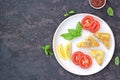 Grilled cheese with chopped tomatoes on a white ceramic plate. Served with rhubarb chutney. Snacks for the party