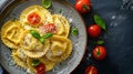 Grilled cheese ravioli with cherry tomatoes and microgreens on a ceramic plate