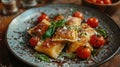 Grilled cheese ravioli with cherry tomatoes and microgreens on a ceramic plate