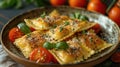 Grilled cheese ravioli with cherry tomatoes and microgreens on a ceramic plate