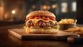 Grilled cheeseburger and fries on rustic wooden table, ready to eat generated by AI Royalty Free Stock Photo