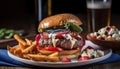 Grilled cheeseburger and fries served on table generated by AI Royalty Free Stock Photo