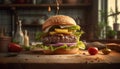 Grilled cheeseburger on rustic table with fries generated by AI Royalty Free Stock Photo