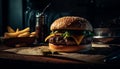 Grilled cheeseburger on a rustic wooden table with French fries generated by AI Royalty Free Stock Photo