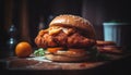 Grilled cheeseburger on rustic wooden table with French fries and salad generated by AI Royalty Free Stock Photo