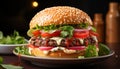 Grilled cheeseburger on a rustic wooden table, with fresh salad generated by AI Royalty Free Stock Photo