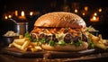 Grilled cheeseburger on a rustic wooden table, ready to eat generated by AI Royalty Free Stock Photo