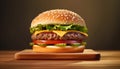 Grilled cheeseburger on wooden table, ready to eat with fries generated by AI Royalty Free Stock Photo