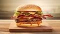 Grilled cheeseburger on wooden table, ready to eat, with fries generated by AI Royalty Free Stock Photo