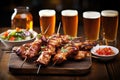 grilled chicken on bamboo skewers with a beer flight