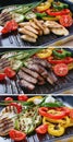 Grilled chicken and beef meat on grill pan with grilled and fresh vegetables. Summer healthy food. Collage of set photos Royalty Free Stock Photo