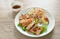 Grilled chicken black pepper steak dipping spicy sauce with mashed potato dressing gravy and salad on plate Royalty Free Stock Photo