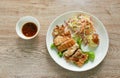 Grilled chicken black pepper steak dipping spicy sauce with mashed potato dressing gravy and salad on plate Royalty Free Stock Photo