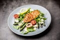Grilled chicken breast asparagus arugula mushrooms tomatoes lemon and parmesan cheese. Royalty Free Stock Photo