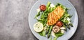 Grilled chicken breast asparagus arugula mushrooms tomatoes lemon and parmesan cheese. Royalty Free Stock Photo