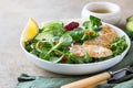 Grilled chicken breast, avocado, apple and bell pepper salad with salad leaves mix and olive oil and lemon dressing Royalty Free Stock Photo