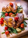 Grilled chicken breast in different variations with cherry tomat