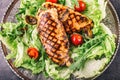 Grilled chicken breast in different variations with lettuce salad cherry tomatoes mushrooms herbs cut lemon on a wooden board or Royalty Free Stock Photo