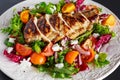 Grilled Chicken Breast fillet with fresh tomatoes vegetables salad. concept healthy food. Royalty Free Stock Photo