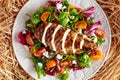 Grilled Chicken Breast fillet with fresh tomatoes vegetables salad. concept healthy food. Royalty Free Stock Photo