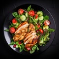 Grilled chicken breast, fillet and fresh vegetable salad of lettuce, arugula, spinach, cucumber and tomato. Healthy lunch menu. Royalty Free Stock Photo