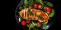 Grilled chicken breast, fillet and fresh vegetable salad of lettuce, arugula, spinach, cucumber and tomato. Healthy lunch menu. Royalty Free Stock Photo