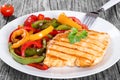 Grilled Chicken breast fillet and fried bell pepper , clos- up Royalty Free Stock Photo