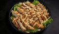 Grilled chicken breast with healthy salad, gourmet sauce and bread generated by AI