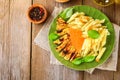 Grilled chicken breast and Penne pasta with spices and Basil. A delicious dinner in the rustic style. Selective focus Royalty Free Stock Photo