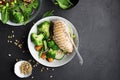 Grilled chicken breast, red rice and fresh broccoli vegetables, carrots, soybeans, spinach for garnish. With pine nuts Royalty Free Stock Photo