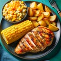 Grilled chicken breast with roasted potatoes, corn on the cob, and creamed corn on a plate