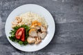 Grilled chicken breast with salad and boiled rice on white plate Royalty Free Stock Photo