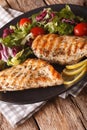 Grilled chicken breast with salad of chicory, tomatoes and lettuce close-up. vertical Royalty Free Stock Photo