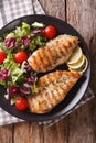 Grilled chicken breast with salad of chicory, tomatoes and lettuce close-up. Vertical top view Royalty Free Stock Photo