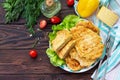 Grilled chicken breasts with cheese. Thanksgiving Turkey dinner. Top view flat lay background. Royalty Free Stock Photo