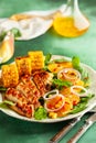 Grilled chicken breasts cooked on a BBQ served with citrus salad and corn on a plate. Close up view. Concept homemade summer