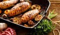 Grilled chicken breasts with thyme, garlic and lemon slices on a grill pan Royalty Free Stock Photo