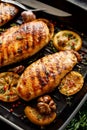 Grilled chicken breasts with thyme, garlic and lemon slices on a grill pan