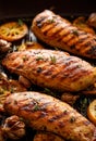 Grilled chicken breasts with thyme, garlic and lemon slices on a grill pan Royalty Free Stock Photo