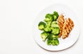 Grilled chicken and broccoli, healthy lunch, white background, t